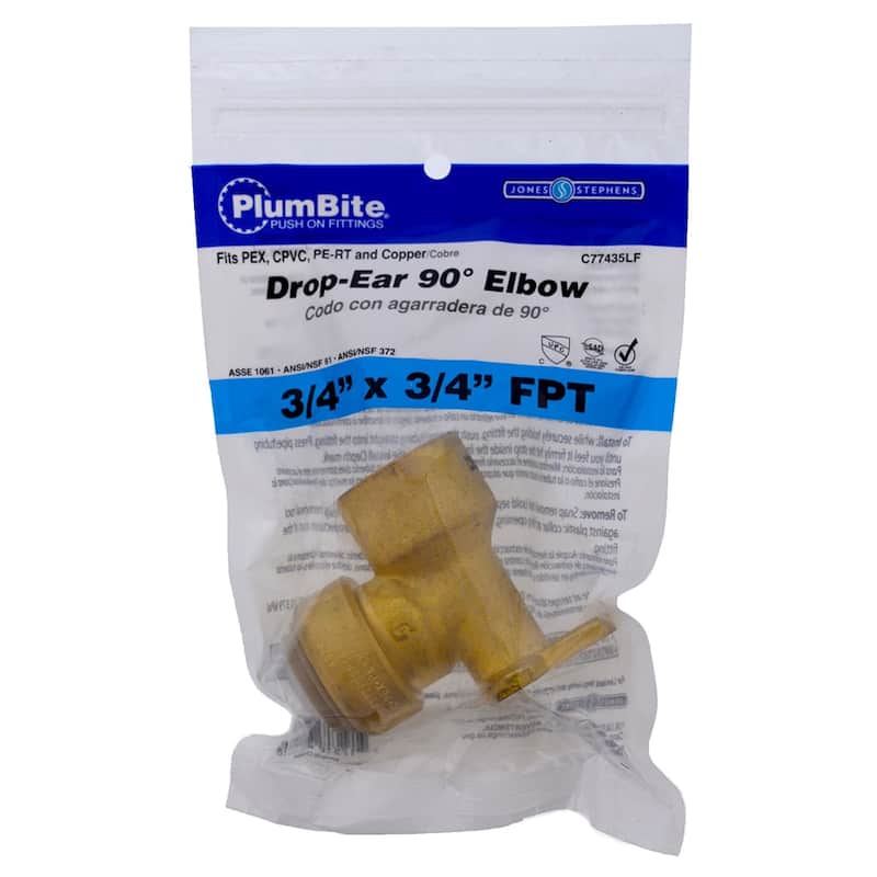 Jones Stephens 3/4" FPT PlumBite Push On Drop Ear 90� Elbow, Bag of 1