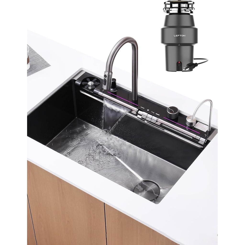 Lefton New 33"x22" Stainless Steel Waterfall Kitchen Sink with Temperature Display in Fahrenhei, KS2207L-PRO - 33" x 22"