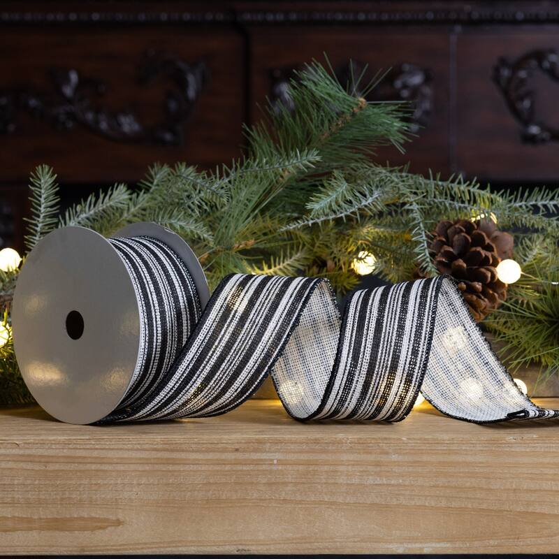 2 Black White Striped Christmas Wired Craft Ribbons 2.5"x10 Yards