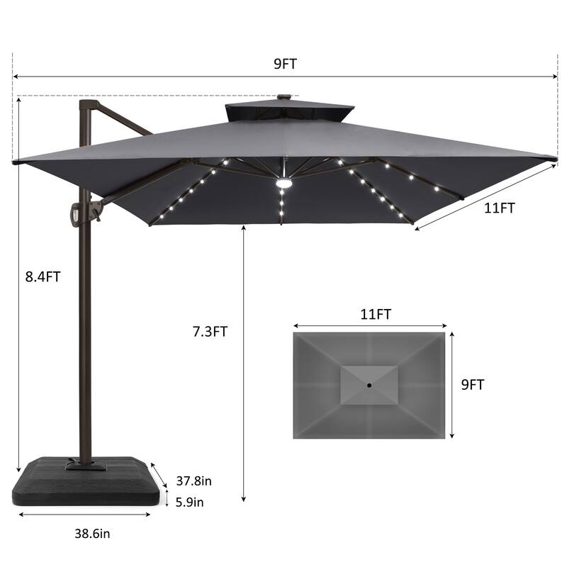 9x11 FT Rectangular Outdoor Patio Cantilever Umbrella Solar LED Lighted with Weight Base