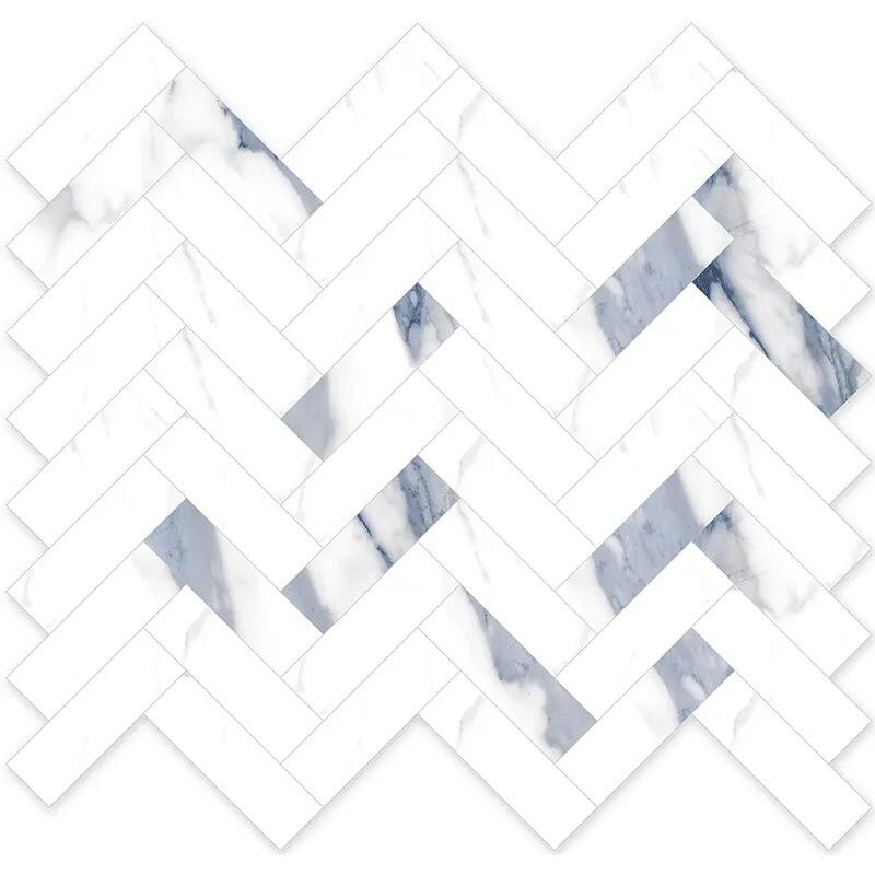 Veneto 11.1 in. x 12.36 in. Polished White with Blue-Gray Porcelain Herringbone Wall and Floor Tile (4.76 sq ft/case) - 5 Sheets
