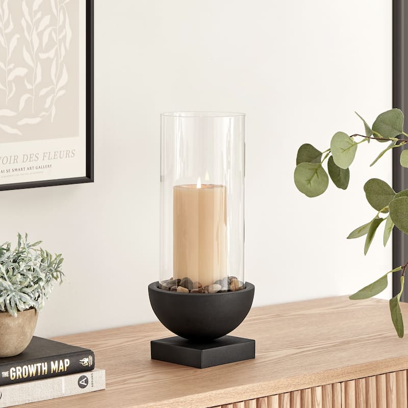 Small Pillar Candle Holders with Pebble and Pedestal Base - 13.5" - Black