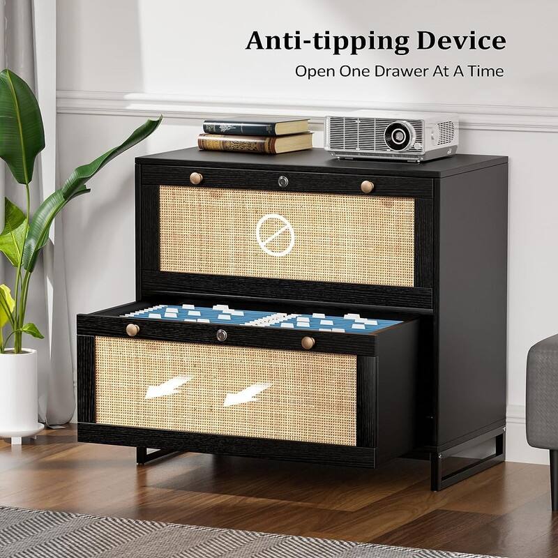 Wood Rattan 2-Drawer Lateral File Cabinet with Lock for Home Office