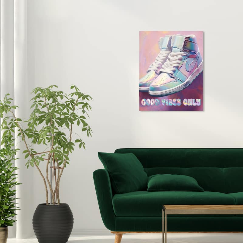 Wynwood Studio Fashion and Glam Good Vibes Sneakers Purple and Light Blue Modern & Contemporary Wall Art Canvas Print - 24 x 20