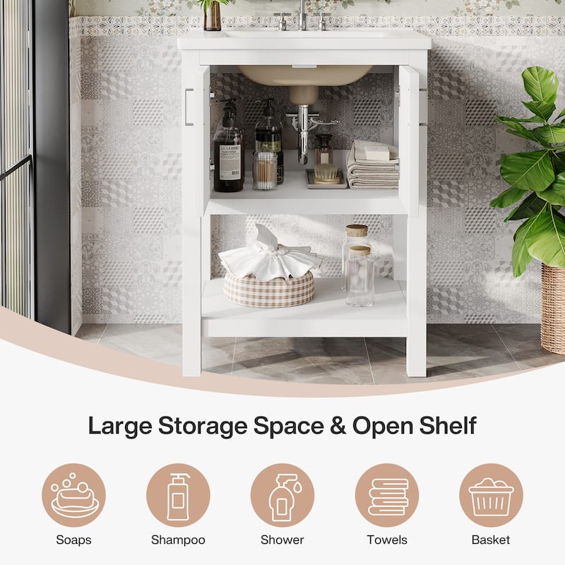 24" Single Bathroom Vanity with Ceramic Sink, Solid Rubberwood Frame & Open Storage Shelf