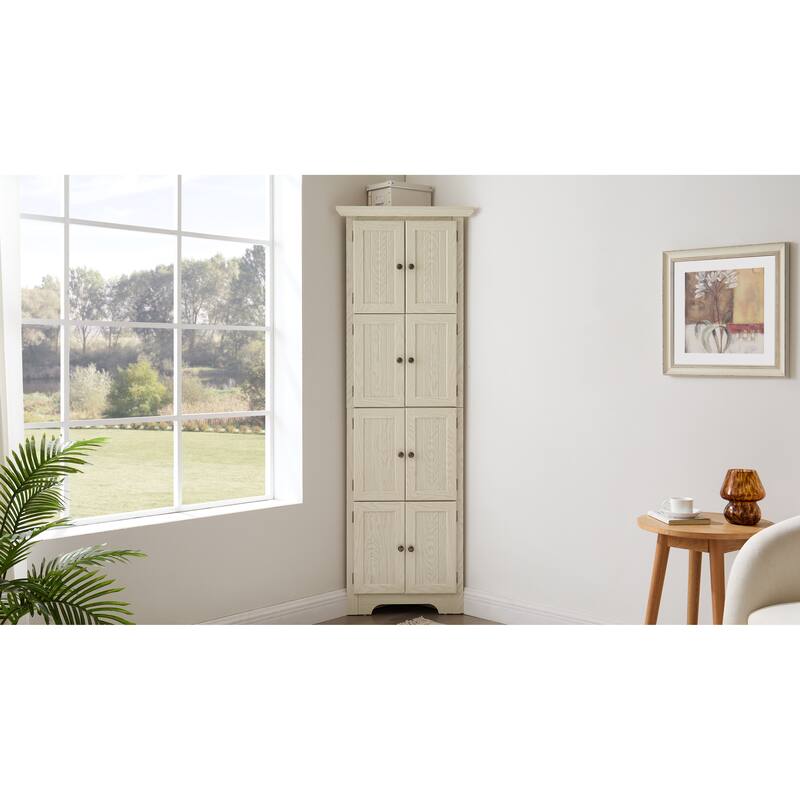 GDF Studio - Farmhouse Corner Cabinet Tall 4-Tier Storage Pantry with 8 Doors.