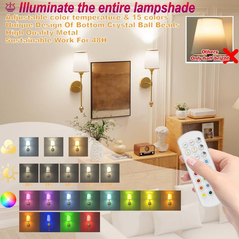 2-Pack Battery Operated Wall Sconces Rechargeable with Remote Control Dimmable 15-Color Light - N/A