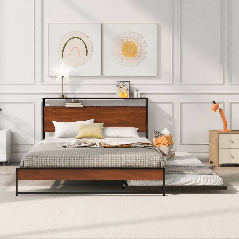 Full/Queen Platform Bed Frame with Trundle, USB Ports and Steel Slat Support, Metal and Wooden Bed Frame with Storage Headboard