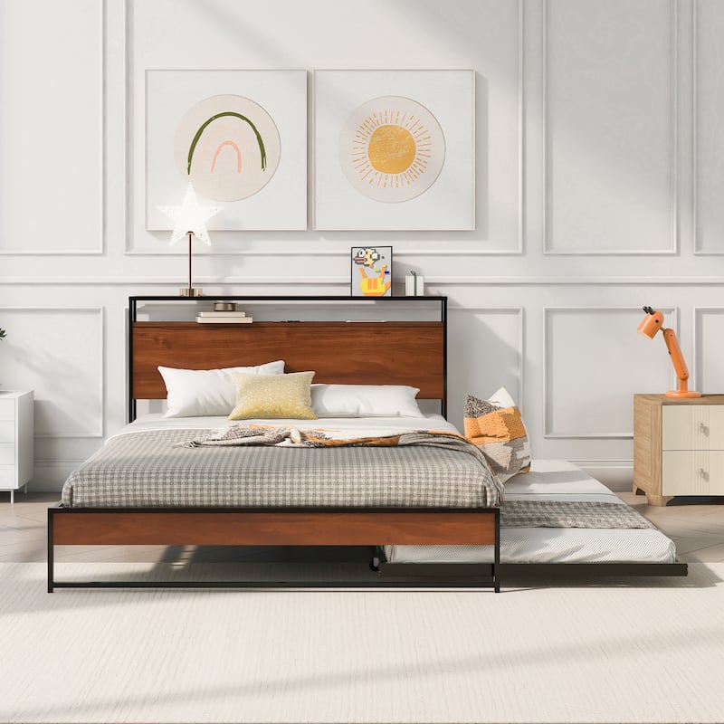 Queen Metal Bed Frame with Trundle, Built-in USB Ports, Wooden Accents, and Slat Support, No Box Spring Needed
