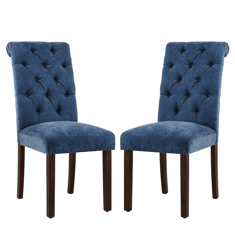 Tufted Parsons Upholstered Dining Side Chairs with Solid Wood Legs and Padded Seat - set of 2 - Dark Blue