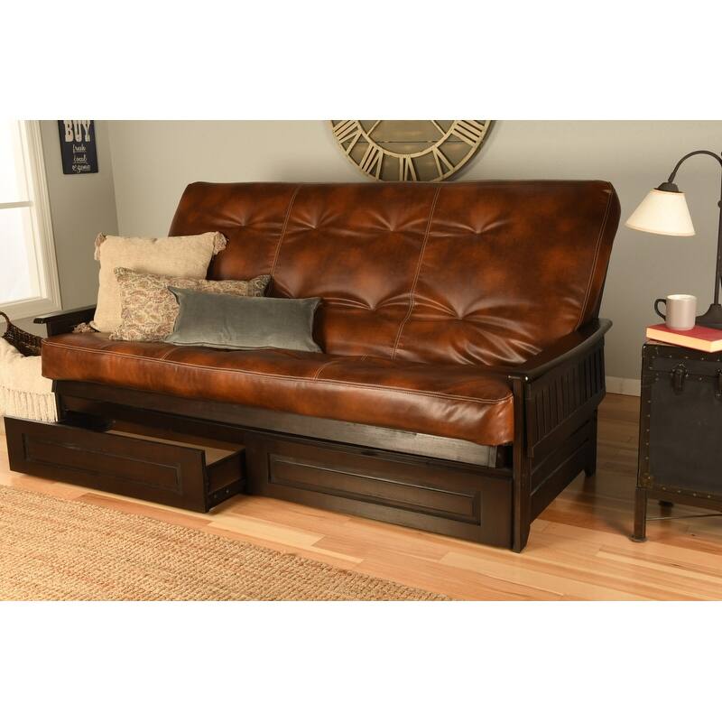 Somette Phoenix Queen-size Storage Futon Set in Espresso Finish with Faux Leather Mattress