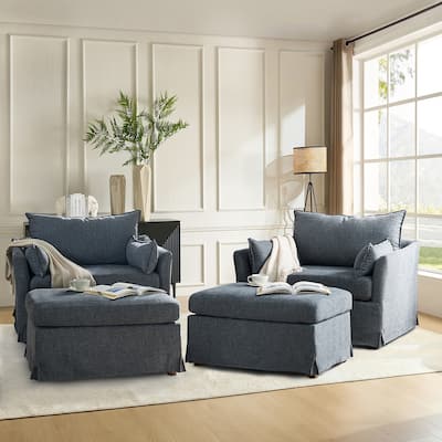 Sophie Modern Oversized Slipcovered Armchair with Ottoman and Lockable Rear Wheels Set of 2 by HULALA HOME