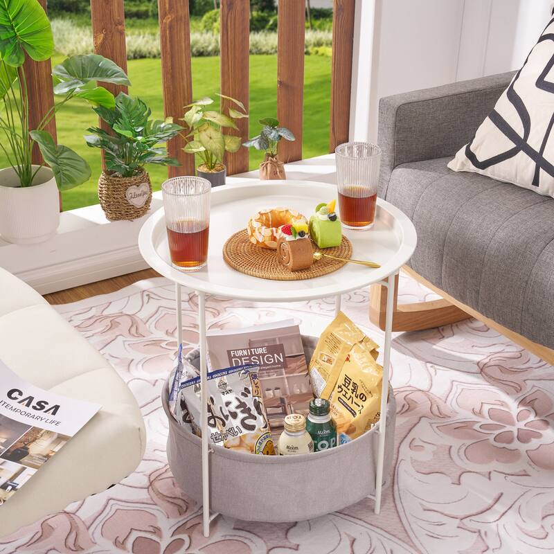 VECELO Small Round Side Table with Removable Tray & Fabric Storage Bin Easy 5-Min Assembly for Living Room Bedroom