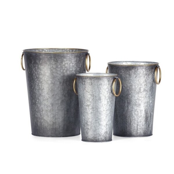 Set of 3 Gray Lillian Galvanized Planters with Gold Handles 13.5" - N/A