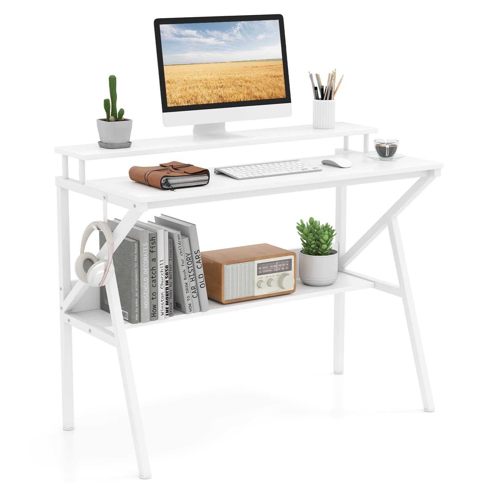 Costway Home Office Desk with Monitor Stand, Open Shelf & Metal Frame,