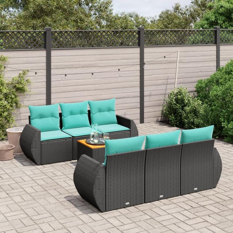 vidaXL 7 Piece Patio Sofa Set with Cushions Black Poly Rattan - 21.7" x 24.4" x 27.2"