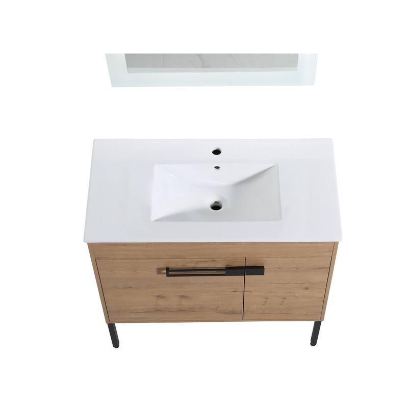 Bathroom Vanity with Ceramic Sink, Soft-Close Doors, Adjustable Shelf, Eco-Friendly Plywood - 36in L Plywood