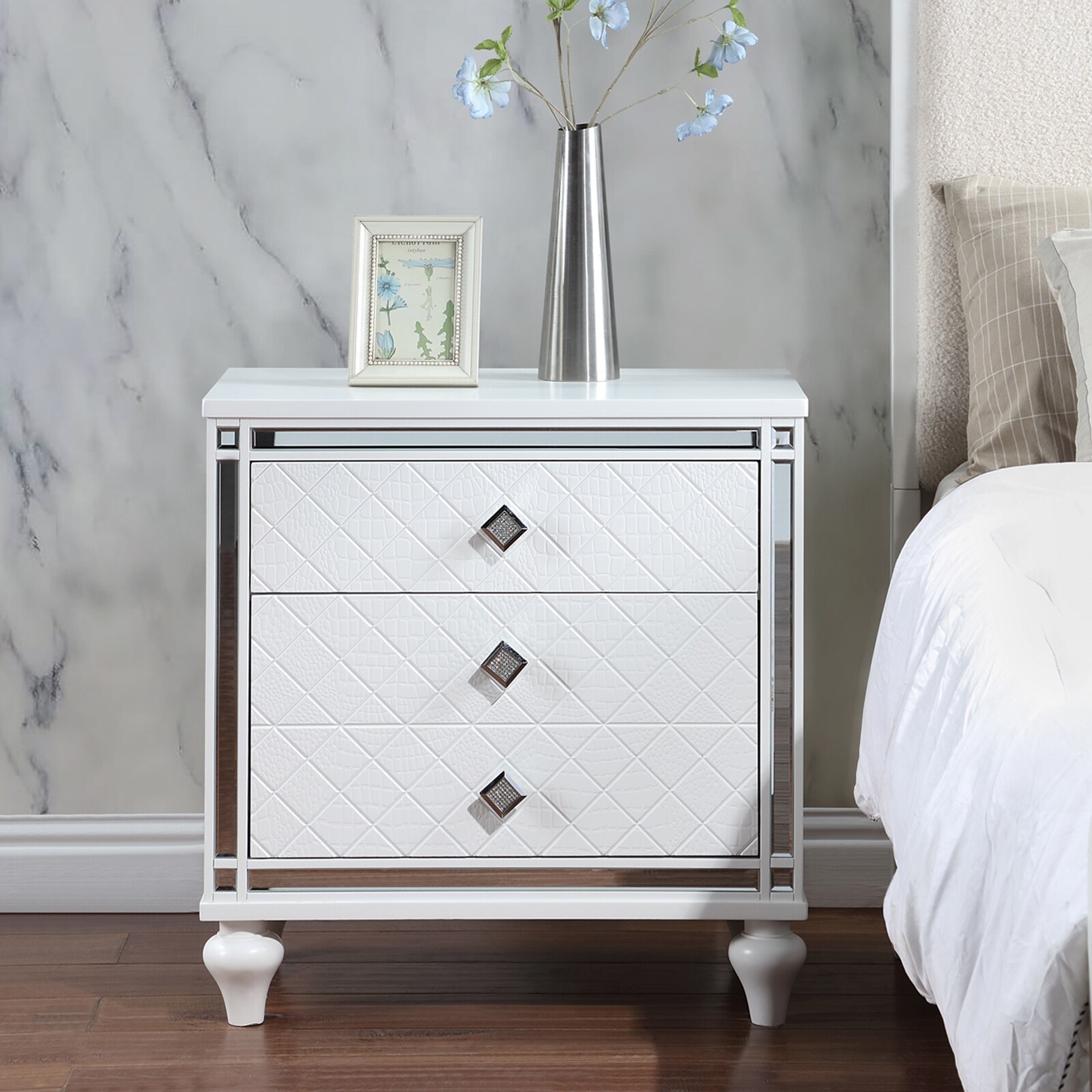 White Faux Crocodile Texture Nightstand 2 drawers Hidden Drawer