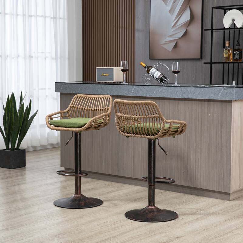 360° Swivel Bar Stools Set of 2, Adjustable Counter Height Chairs with Footrest, Rattan Bar Chairs with Cushions