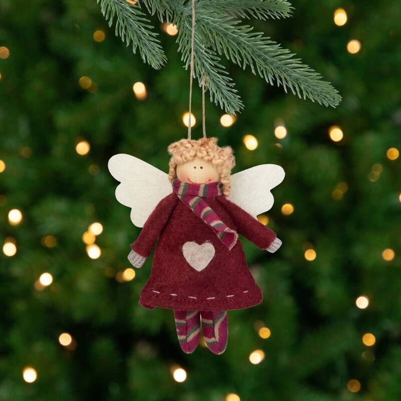 Angel Girl with Wings Hanging Christmas Ornament - 4.25" - Burgundy and Beige