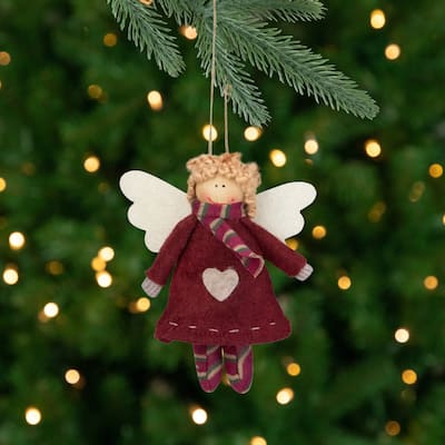 Angel Girl with Wings Hanging Christmas Ornament - 4.25" - Burgundy and Beige