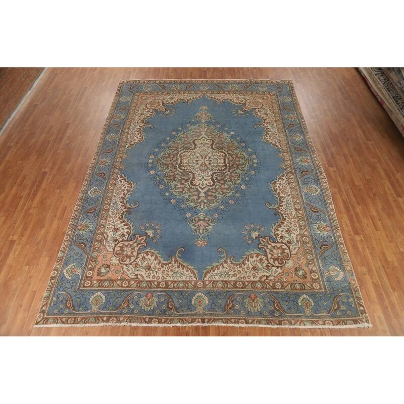 Blue Tabriz Persian Rug Oriental Handmade Wool Carpet - 9'6"x 13'1"