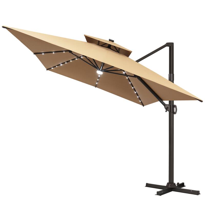 10 X 13 FT Outdoor Patio Cantilever Umbrella with Solar Lights Double Canopy 360 RotationTilt