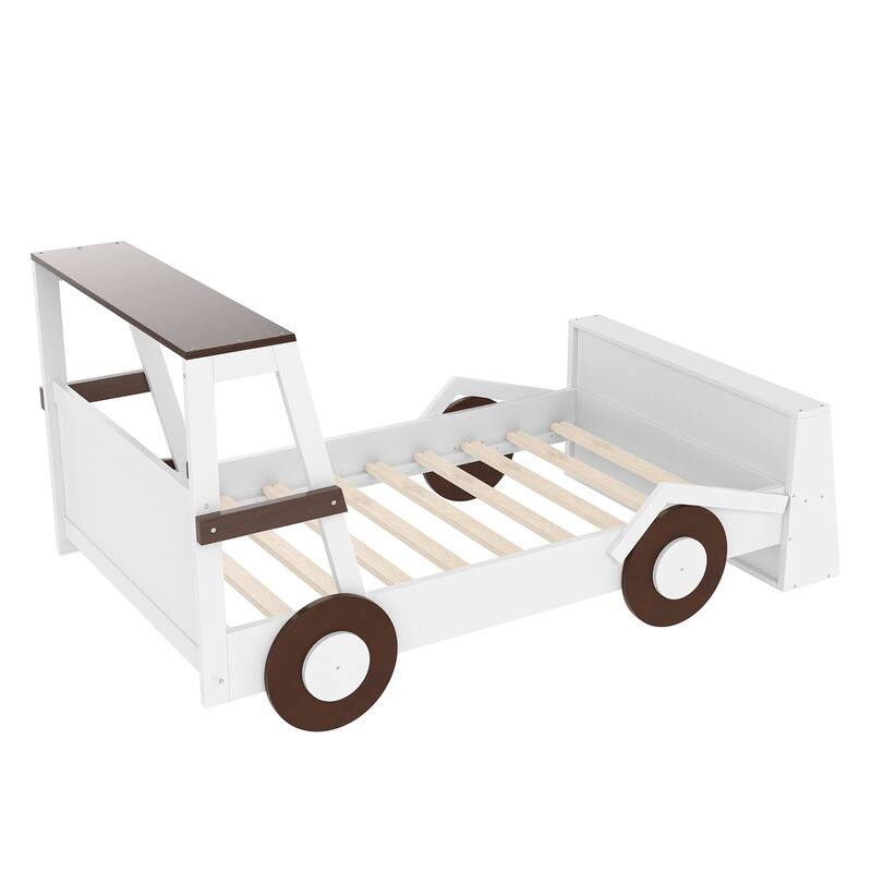 Twin Size Car Bed with Storage Shelves, Kids Platform Bed with Cute Car-shape, Childlike Design, Blue White