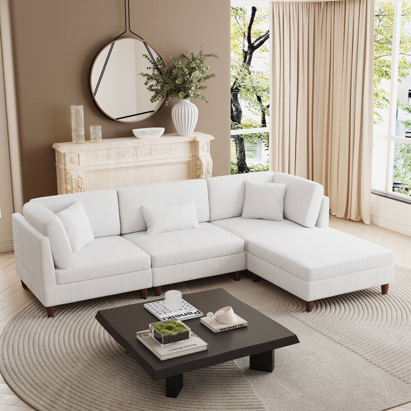 Corduroy Convertible Couch Modular Sectional Sofa with Ottoman - 4-Piece Beige - Reversible