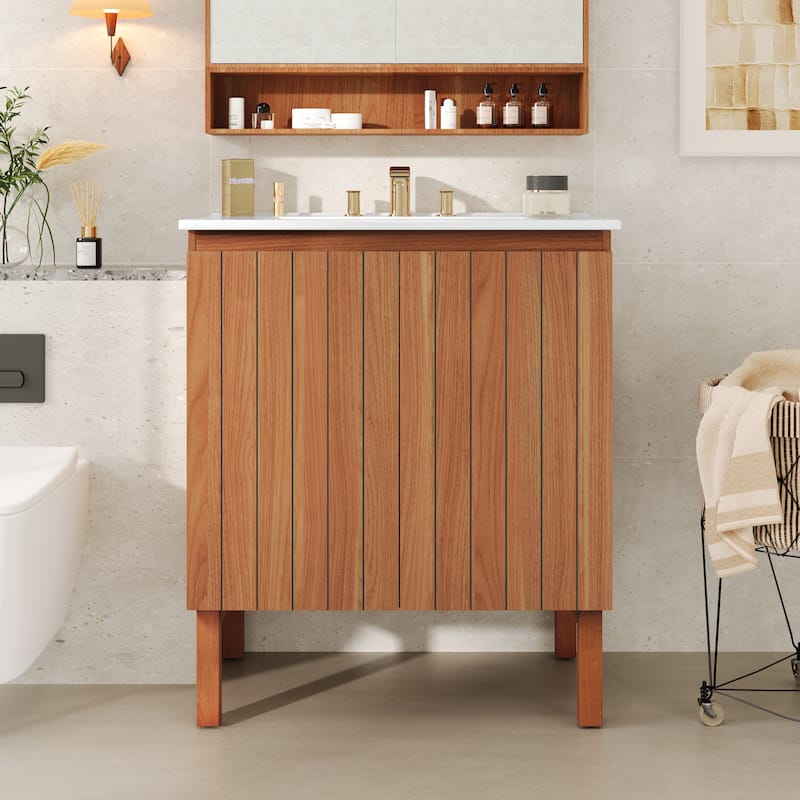 Roomfitters 30" Modern Bathroom Vanity with Ceramic Sink, Minimalist Cabinet with Vertical Stripe Design, Antique Natural