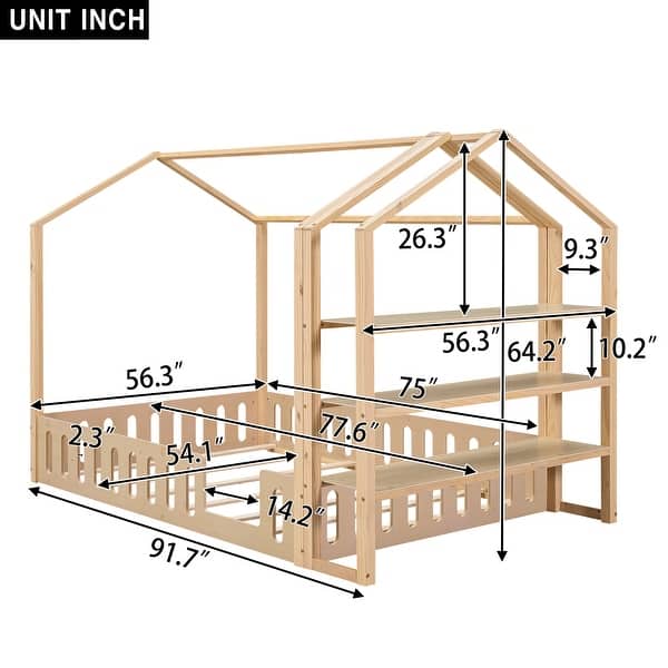 dimension image slide 0 of 4, Modern Wood House Bed, with Fence and Detachable and Movable Storage Shelves