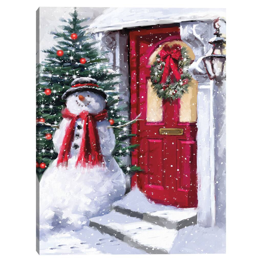 Snowman Outside Red Door 3 by The Macneil Studio Canvas Art Print