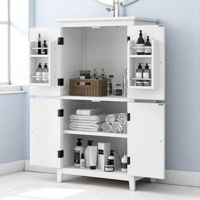 Tall Bathroom Floor Cabinet with Adjustable Shelves, Freestanding Storage Unit with 4 Doors