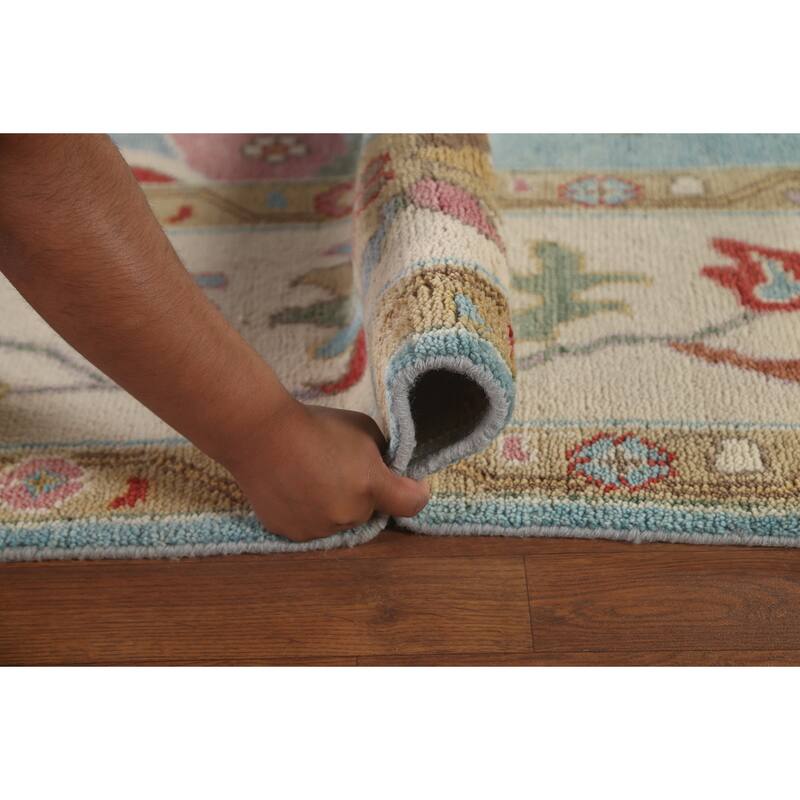 Light Blue Oushak Oriental Area Rug Handmade Floral Wool Carpet - 9'0"x 11'10"