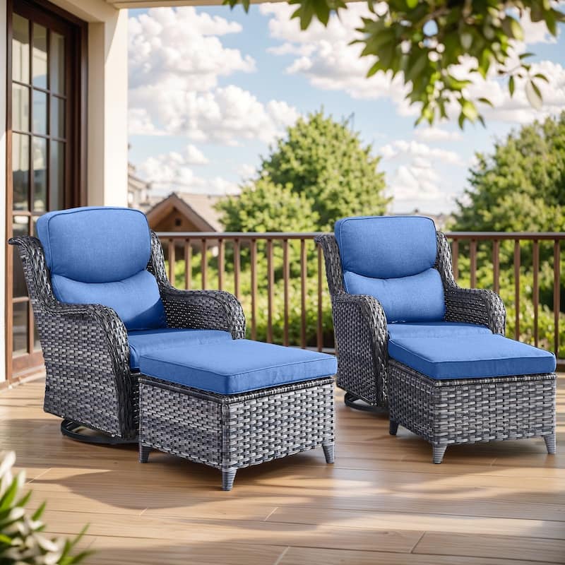 4 Pieces Outdoor Gliders Swivel Chairs Ottomans with 5-Inch Thick Cushions - Grey Rattan - Blue Cushion - 4PCS Swivel Chairs with Ottoman