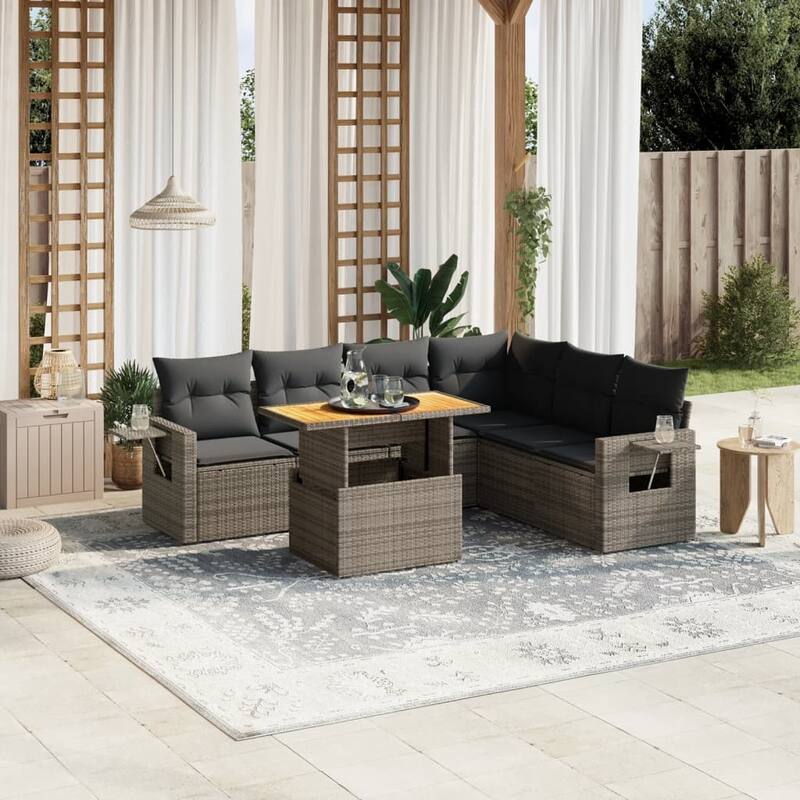 vidaXL Patio Sofa Set with Cushions Table and Lounge Sofas 7 Piece Poly Rattan - 21.7 x 39.4 x 28.7 - Grey  - form2