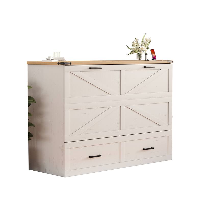 Queen Murphy Bed with Charging Station,Farmhouse Murphy Cabinet Bed with Large Storage Drawer,Hideaway Foldable Platform Bed