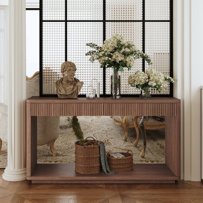 60" Modern 2-Drawer Fluted Console Table Natural Wood Veneer Sofa Table Behind Couch Table for Living Room, Hallway, Entryway