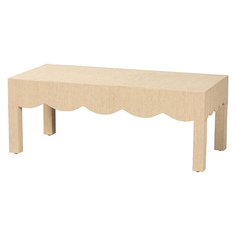 Mason Natural Grasscloth Coffee Table - Rectangular Accent Table with Scalloped Apron, Modern Coastal Living Room Centerpiece - Beige