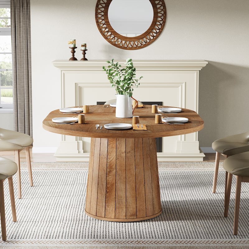 Brown Finish Manufactured Wood 6-Person Dining Table with Polygonal Cylinder Wooden Base - 55.11"L x 39.37"W x 29.92"H