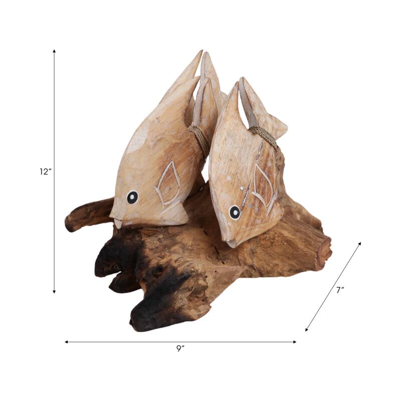Wood Hand-Carved Fish Figurine Coastal Finish (Set of 2) - 9" Brown - 14" x 7.5" x 8.75"