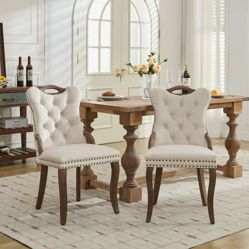 Velvet Dining Chair with Tufted Trim and Wood Legs (Set of 2) - Beige