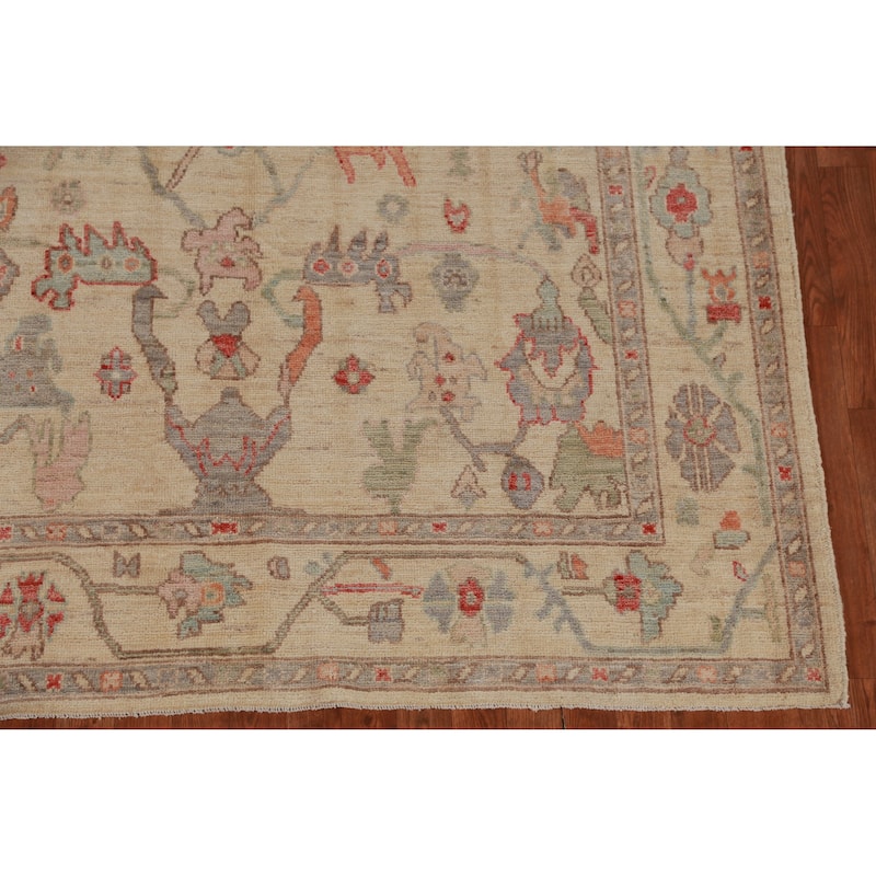 Hand Knotted Oriental 100% Wool Carpet Transitional All-Over Beige & Ivories Oushak Area Rug - 9' 2'' X 6' 2''
