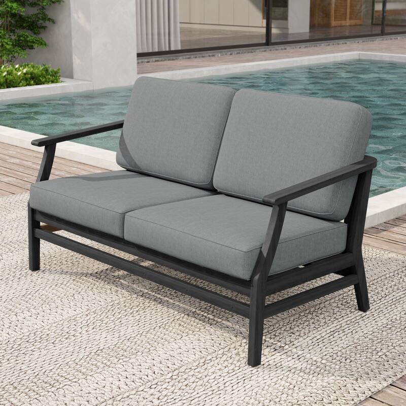 Patio Teak Wood Outdoor Loveseat Sofa with Cushions - Dark Wood - Grey