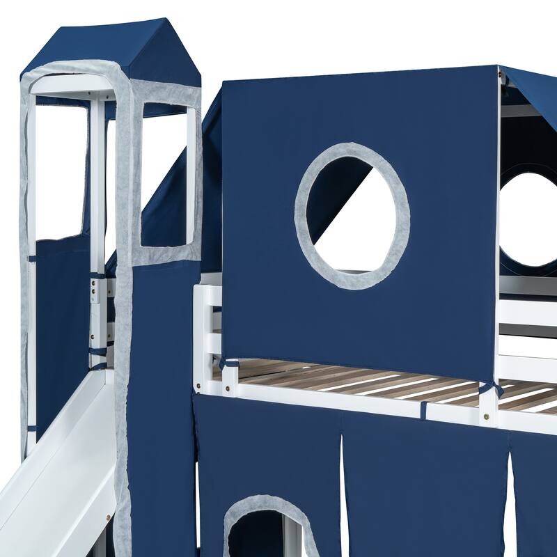 Twin Loft Bed with Play Tent & Tower and Castle Design, 250lb Capacity, Solid Wood Frame