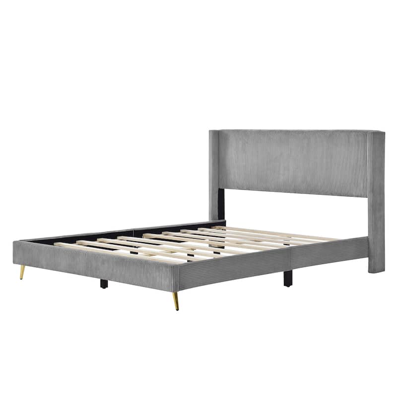 Queen Size Gray Corduroy Platform Bed w/ Metal Legs Upholstered Bed ...