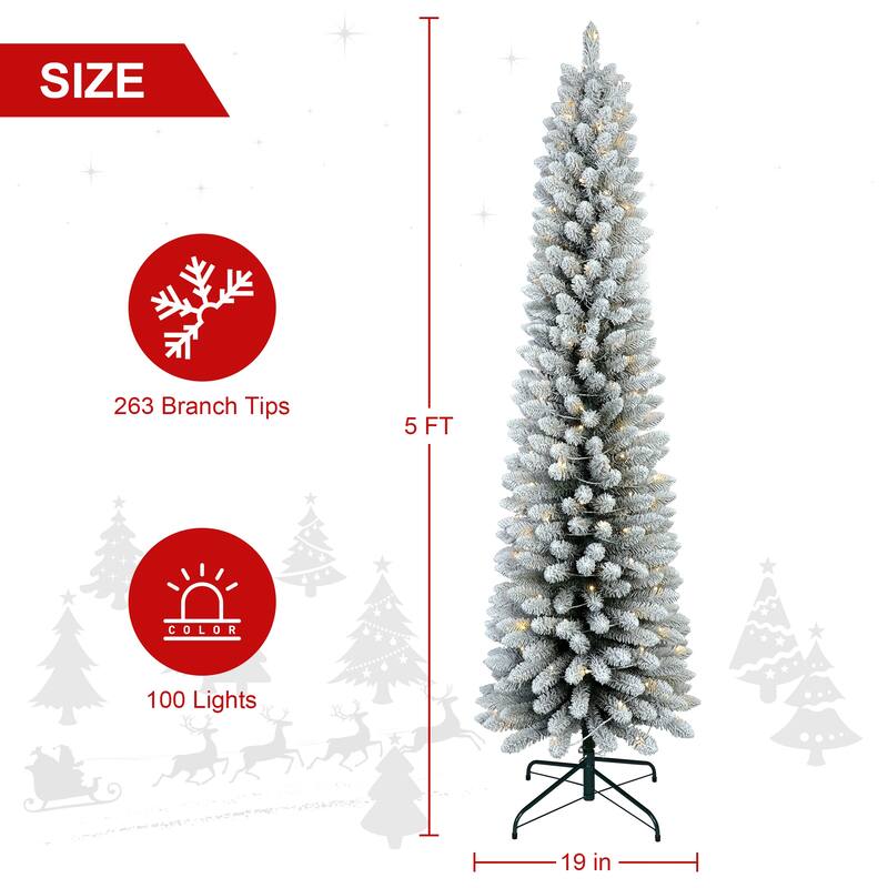 7FT Flocked Pencil Christmas Tree with 200 Warm White LED Lights-Slim Snowy PVC Tree with 469 Tips,Metal Stand,Space-Saving