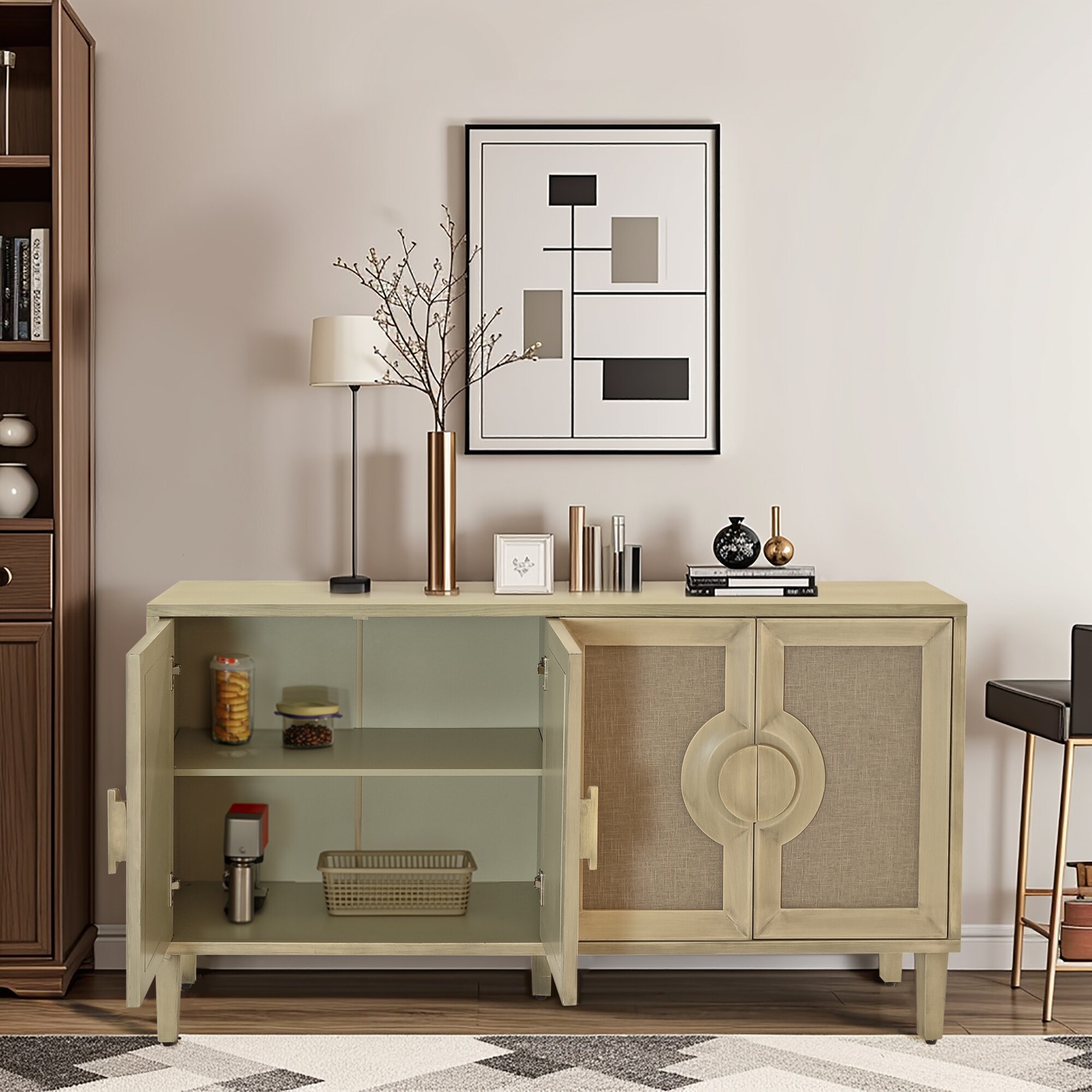 Elegant Sideboard Cabinet with Half Moon Shaped Handles Entry Cabinet Credenza with Linen Decorated Doors