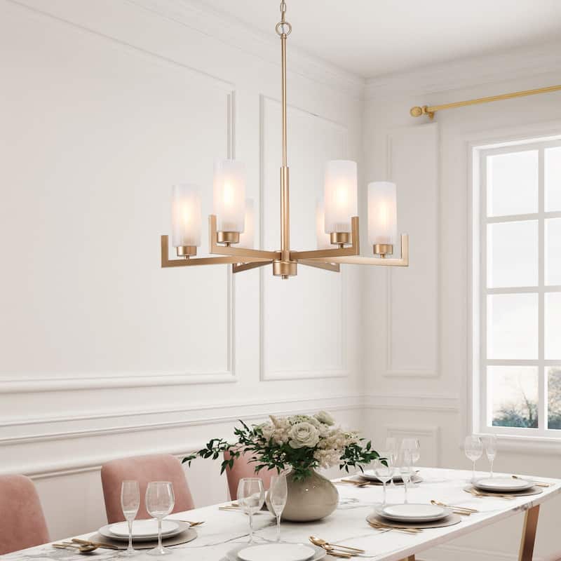 Modern Gold 6-Light Wagon Wheel Glass Chandelier for Dining Room - D27.6" x H30.7"