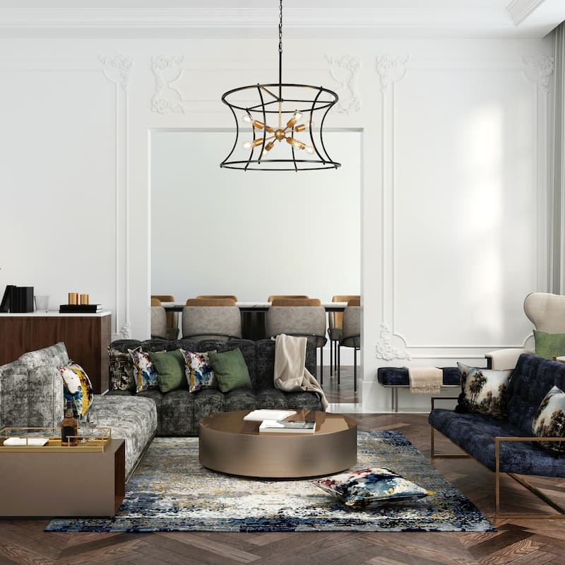 Modern 8-Light 29.5"D Chandelier Black Gold Drum-Shaped Large Pendant for Dining Room - Drum